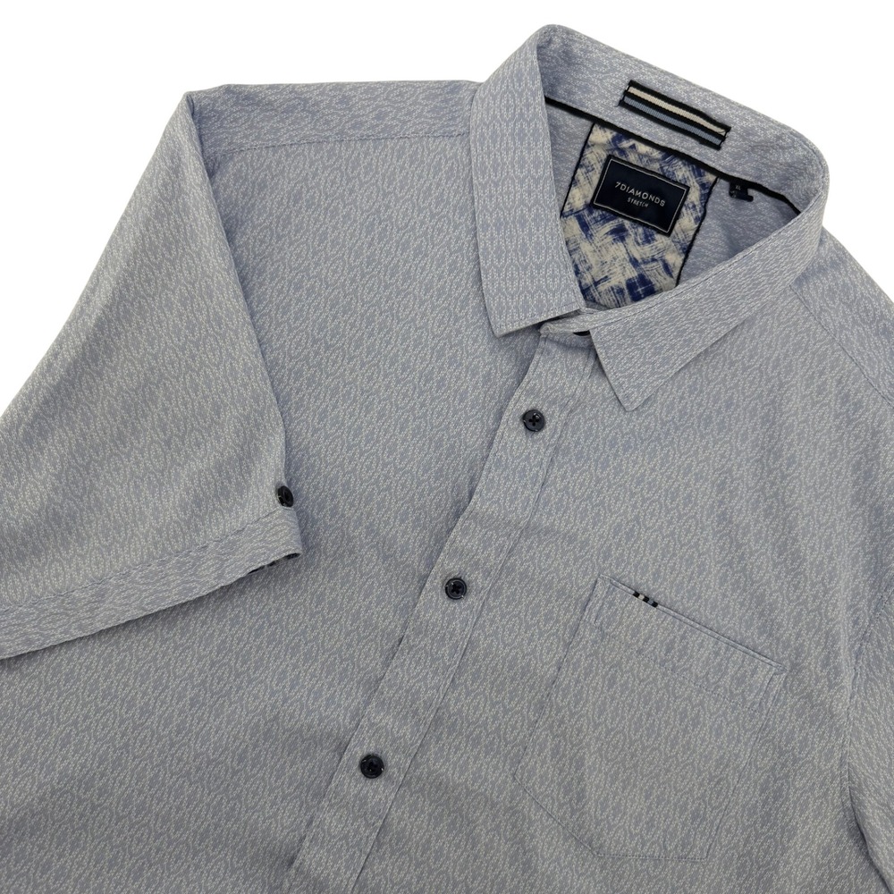 7Diamonds Button Down Mens XL Blue Geometric Diamond Print Stretch Short Sleeve